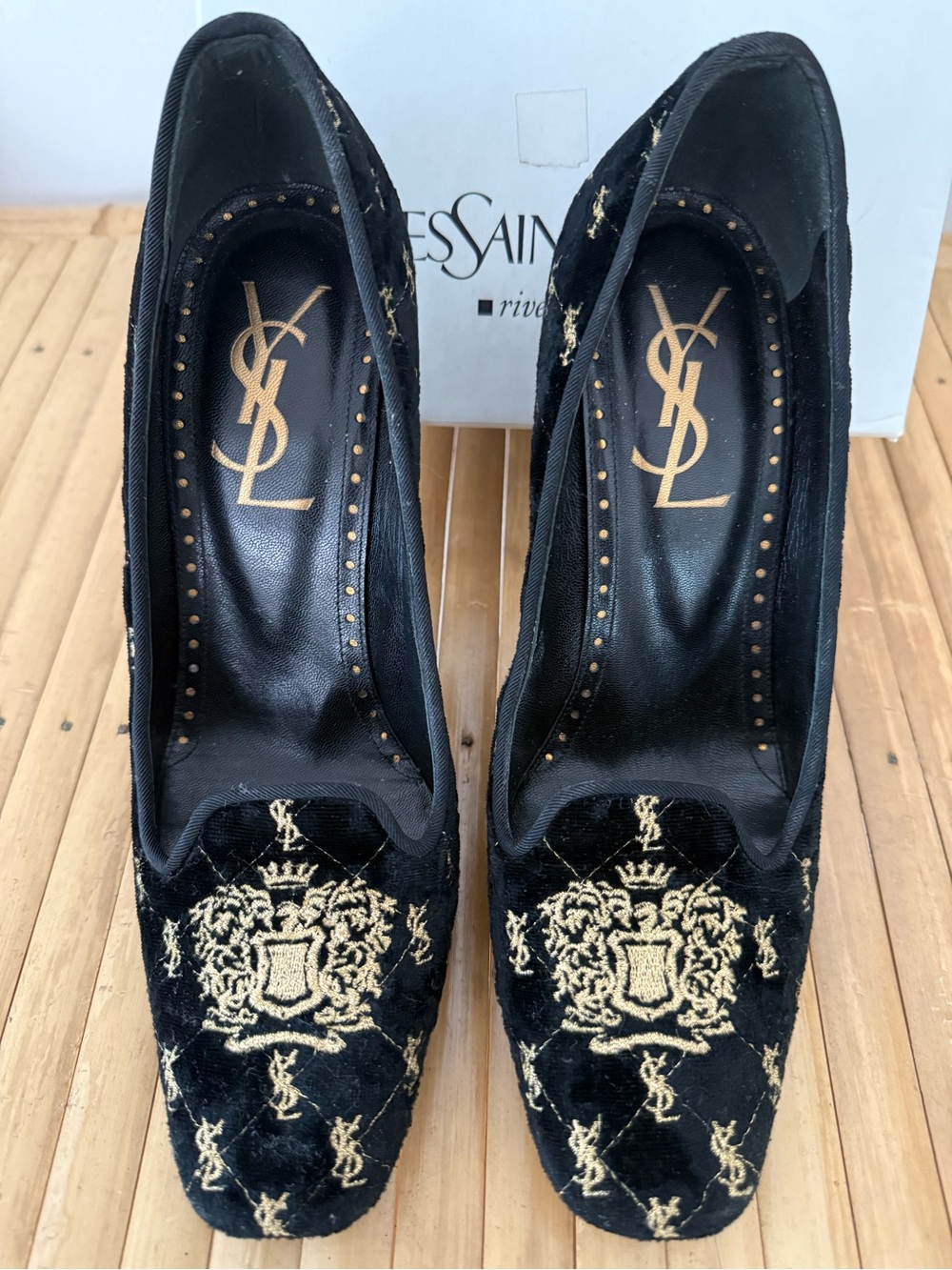 Yves Saint Laurent Black Embroidered Women’s Heels with Gold Detailing